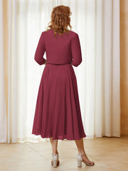 Robe de A-ligne en Mousseline et Dentelle à Col Illusion Longueur de Mollet Cannelle Rose