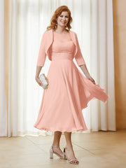 Robe de A-ligne en Mousseline et Dentelle à Col Illusion Longueur de Mollet Corail