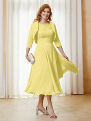 Robe de A-ligne en Mousseline et Dentelle à Col Illusion Longueur de Mollet Jonquille