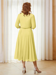 Robe de A-ligne en Mousseline et Dentelle à Col Illusion Longueur de Mollet Jonquille