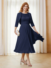 Robe de A-ligne en Mousseline et Dentelle à Col Illusion Longueur de Mollet Bleu Marine Grande Taille