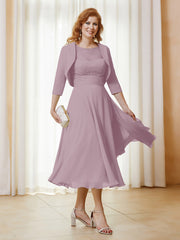 Robe de A-ligne en Mousseline et Dentelle à Col Illusion Longueur de Mollet Dusk