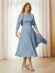 Robe de A-ligne en Mousseline et Dentelle à Col Illusion Longueur de Mollet Bleu Poudré Grande Taille