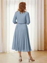 Robe de A-ligne en Mousseline et Dentelle à Col Illusion Longueur de Mollet Bleu Poudré Grande Taille
