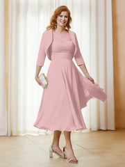 Robe de A-ligne en Mousseline et Dentelle à Col Illusion Longueur de Mollet Rose Poudré