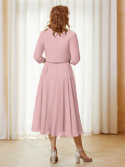 Robe de A-ligne en Mousseline et Dentelle à Col Illusion Longueur de Mollet Rose Poudré
