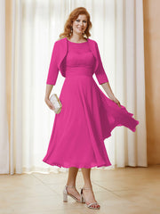 Robe de A-ligne en Mousseline et Dentelle à Col Illusion Longueur de Mollet Fuchsia Grande Taille