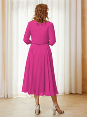 Robe de A-ligne en Mousseline et Dentelle à Col Illusion Longueur de Mollet Fuchsia