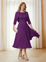 Robe de A-ligne en Mousseline et Dentelle à Col Illusion Longueur de Mollet Raisin