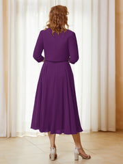 Robe de A-ligne en Mousseline et Dentelle à Col Illusion Longueur de Mollet Raisin