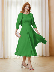 Robe de A-ligne en Mousseline et Dentelle à Col Illusion Longueur de Mollet Vert Grande Taille