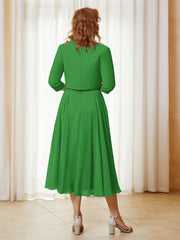 Robe de A-ligne en Mousseline et Dentelle à Col Illusion Longueur de Mollet Vert