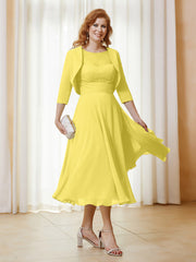 Robe de A-ligne en Mousseline et Dentelle à Col Illusion Longueur de Mollet Citron