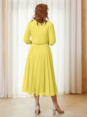 Robe de A-ligne en Mousseline et Dentelle à Col Illusion Longueur de Mollet Citron Grande Taille