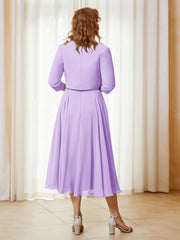 Robe de A-ligne en Mousseline et Dentelle à Col Illusion Longueur de Mollet Lilas