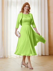 Robe de A-ligne en Mousseline et Dentelle à Col Illusion Longueur de Mollet Vert Citron Grande Taille