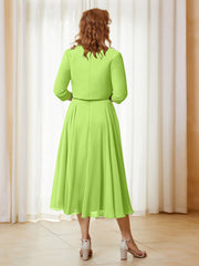 Robe de A-ligne en Mousseline et Dentelle à Col Illusion Longueur de Mollet Vert Citron Grande Taille