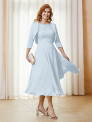 Robe de A-ligne en Mousseline et Dentelle à Col Illusion Longueur de Mollet Brume Grande Taille