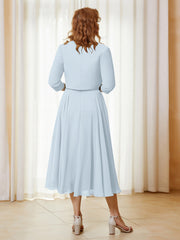 Robe de A-ligne en Mousseline et Dentelle à Col Illusion Longueur de Mollet Brume