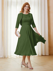 Robe de A-ligne en Mousseline et Dentelle à Col Illusion Longueur de Mollet Mousse