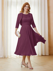 Robe de A-ligne en Mousseline et Dentelle à Col Illusion Longueur de Mollet Mûre