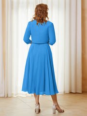 Robe de A-ligne en Mousseline et Dentelle à Col Illusion Longueur de Mollet Bleu Océan
