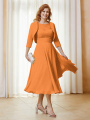 Robe de A-ligne en Mousseline et Dentelle à Col Illusion Longueur de Mollet Orange