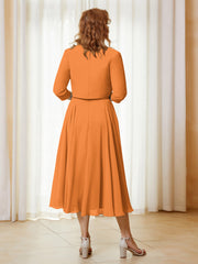 Robe de A-ligne en Mousseline et Dentelle à Col Illusion Longueur de Mollet Orange