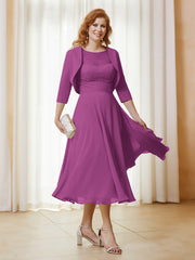 Robe de A-ligne en Mousseline et Dentelle à Col Illusion Longueur de Mollet Orchidee Grande Taille