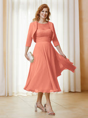 Robe de A-ligne en Mousseline et Dentelle à Col Illusion Longueur de Mollet Pastèque Grande Taille