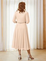 Robe de A-ligne en Mousseline et Dentelle à Col Illusion Longueur de Mollet Pêche Grande Taille