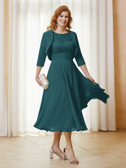 Robe de A-ligne en Mousseline et Dentelle à Col Illusion Longueur de Mollet Paon
