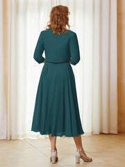 Robe de A-ligne en Mousseline et Dentelle à Col Illusion Longueur de Mollet Paon