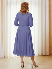 Robe de A-ligne en Mousseline et Dentelle à Col Illusion Longueur de Mollet Pervenche