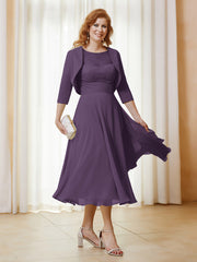 Robe de A-ligne en Mousseline et Dentelle à Col Illusion Longueur de Mollet Plum