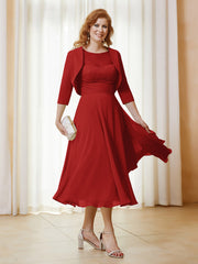 Robe de A-ligne en Mousseline et Dentelle à Col Illusion Longueur de Mollet Rouge