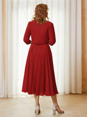 Robe de A-ligne en Mousseline et Dentelle à Col Illusion Longueur de Mollet Rouge
