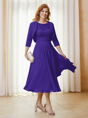 Robe de A-ligne en Mousseline et Dentelle à Col Illusion Longueur de Mollet Régence Grande Taille