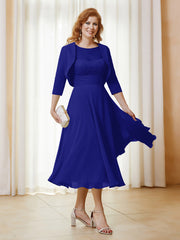 Robe de A-ligne en Mousseline et Dentelle à Col Illusion Longueur de Mollet Bleu Royale