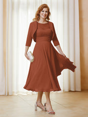 Robe de A-ligne en Mousseline et Dentelle à Col Illusion Longueur de Mollet Rouille