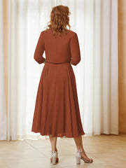 Robe de A-ligne en Mousseline et Dentelle à Col Illusion Longueur de Mollet Rouille