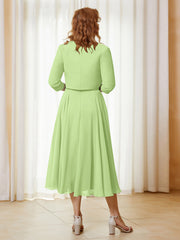 Robe de A-ligne en Mousseline et Dentelle à Col Illusion Longueur de Mollet Sauge Grande Taille