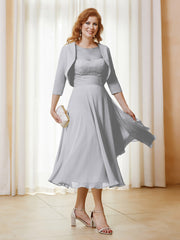 Robe de A-ligne en Mousseline et Dentelle à Col Illusion Longueur de Mollet Argent Grande Taille