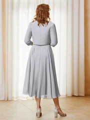 Robe de A-ligne en Mousseline et Dentelle à Col Illusion Longueur de Mollet Argent Grande Taille