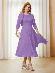 Robe de A-ligne en Mousseline et Dentelle à Col Illusion Longueur de Mollet Tahiti