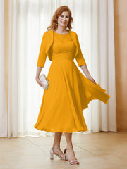 Robe de A-ligne en Mousseline et Dentelle à Col Illusion Longueur de Mollet Mandarine Grande Taille
