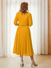 Robe de A-ligne en Mousseline et Dentelle à Col Illusion Longueur de Mollet Mandarine