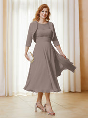 Robe de A-ligne en Mousseline et Dentelle à Col Illusion Longueur de Mollet Taupe Grande Taille