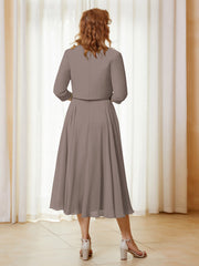 Robe de A-ligne en Mousseline et Dentelle à Col Illusion Longueur de Mollet Taupe Grande Taille