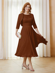 Robe de A-ligne en Mousseline et Dentelle à Col Illusion Longueur de Mollet Terracotta